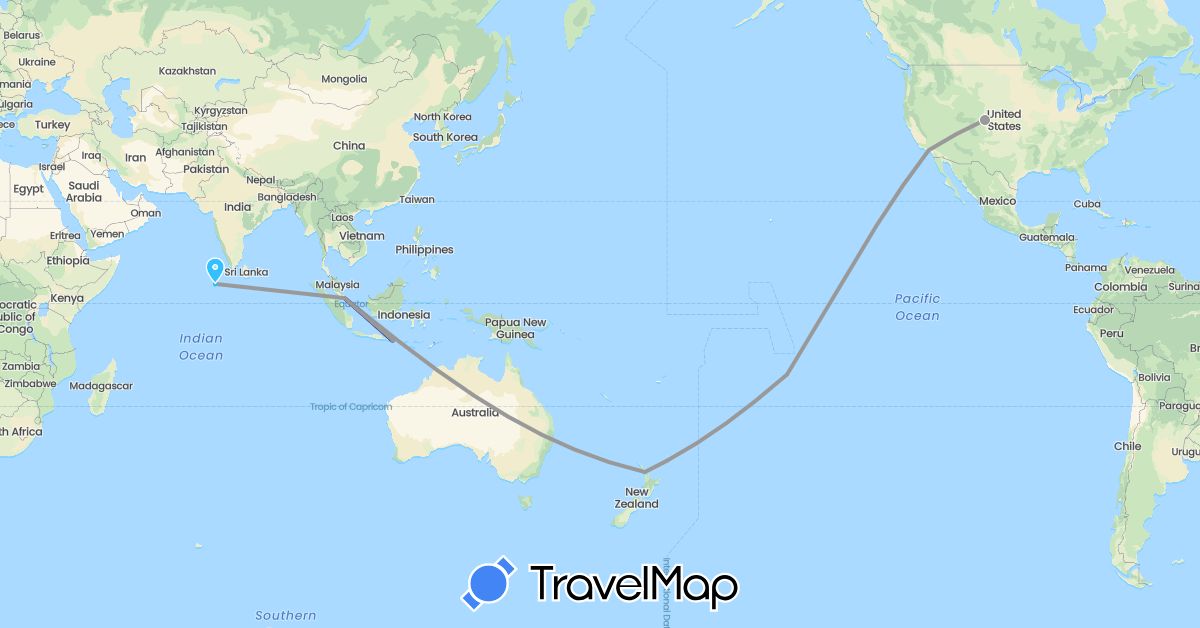TravelMap itinerary: driving, plane, boat in France, Indonesia, Maldives, New Zealand, Singapore, United States (Asia, Europe, North America, Oceania)